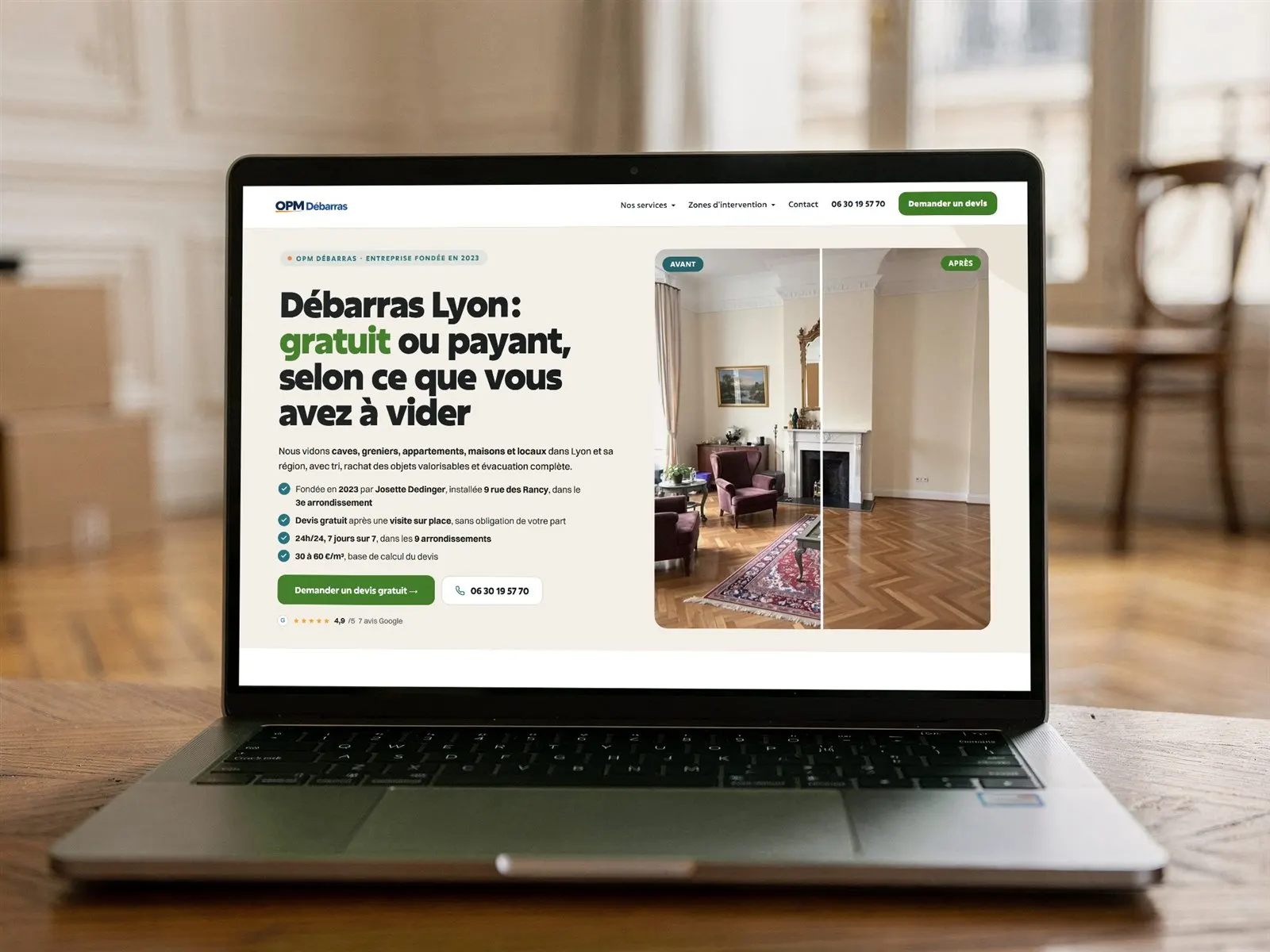 Site internet d’OPM Débarras, entreprise de débarras à Lyon sur un ordinateur portable, créé par Mathieu Pagnier