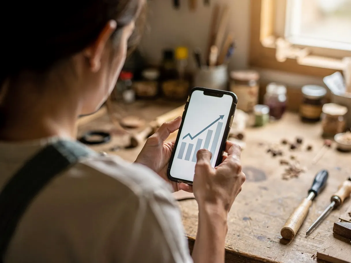 Artisane qui consulte la progression de son site sur son téléphone, dans son atelier