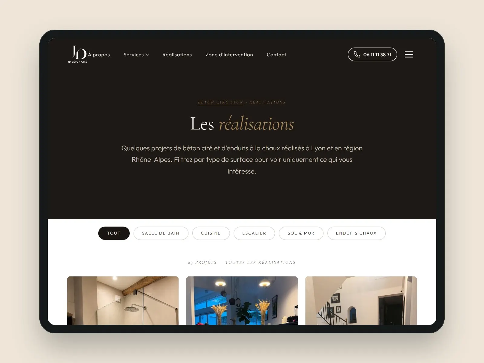 Page réalisations du site d’ID Béton Ciré, sur une tablette