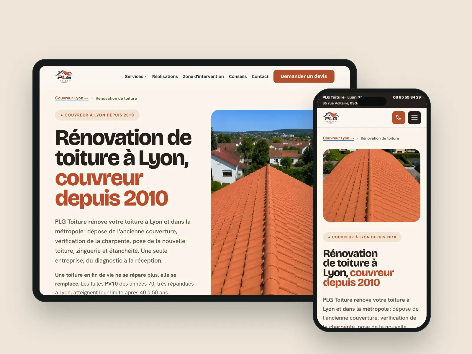 Une page de service du site de PLG Toiture, couvreur à Lyon, sur une tablette et un téléphone