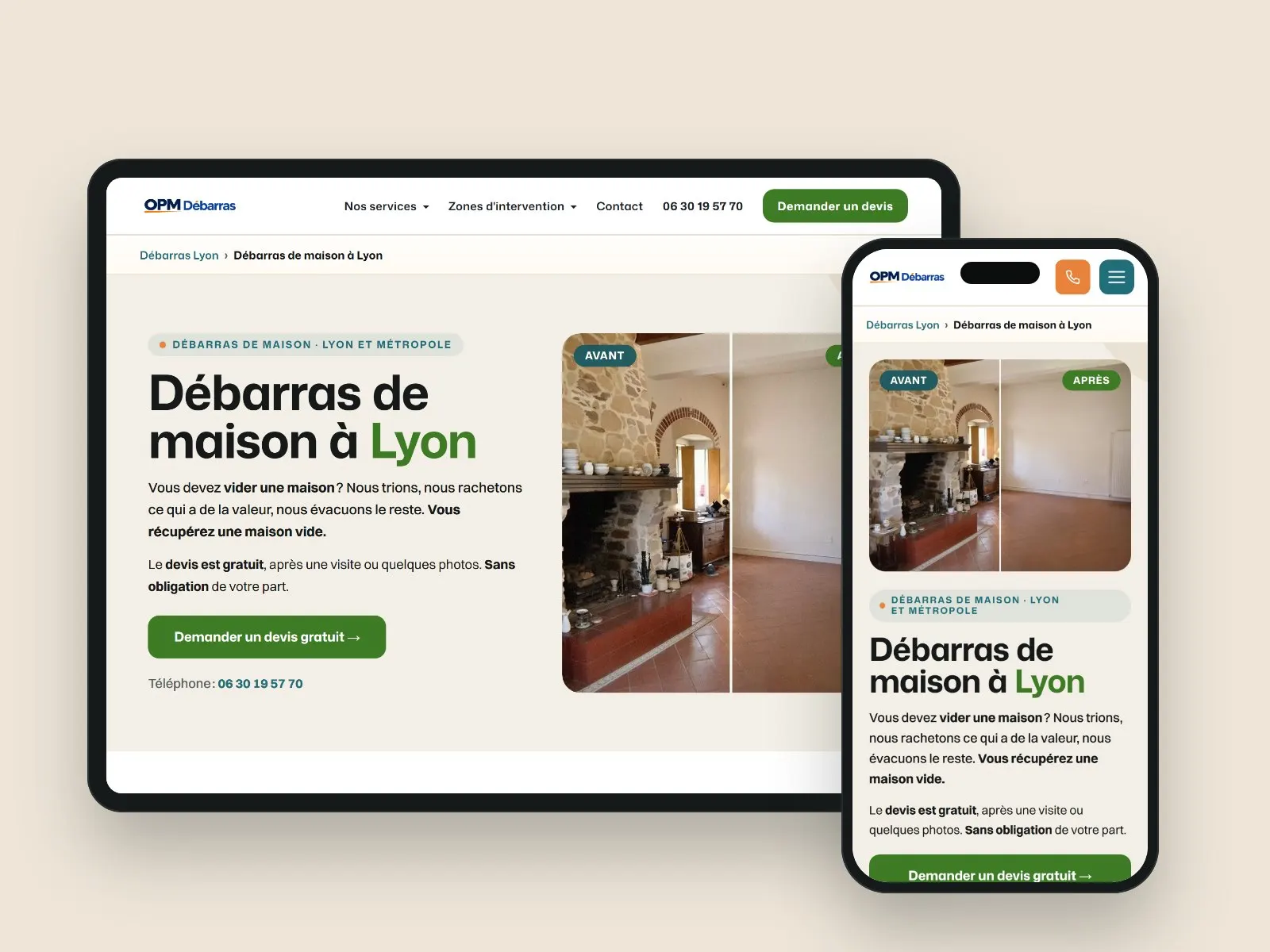 Une page de service du site d’OPM Débarras, entreprise de débarras à Lyon, sur une tablette et un téléphone