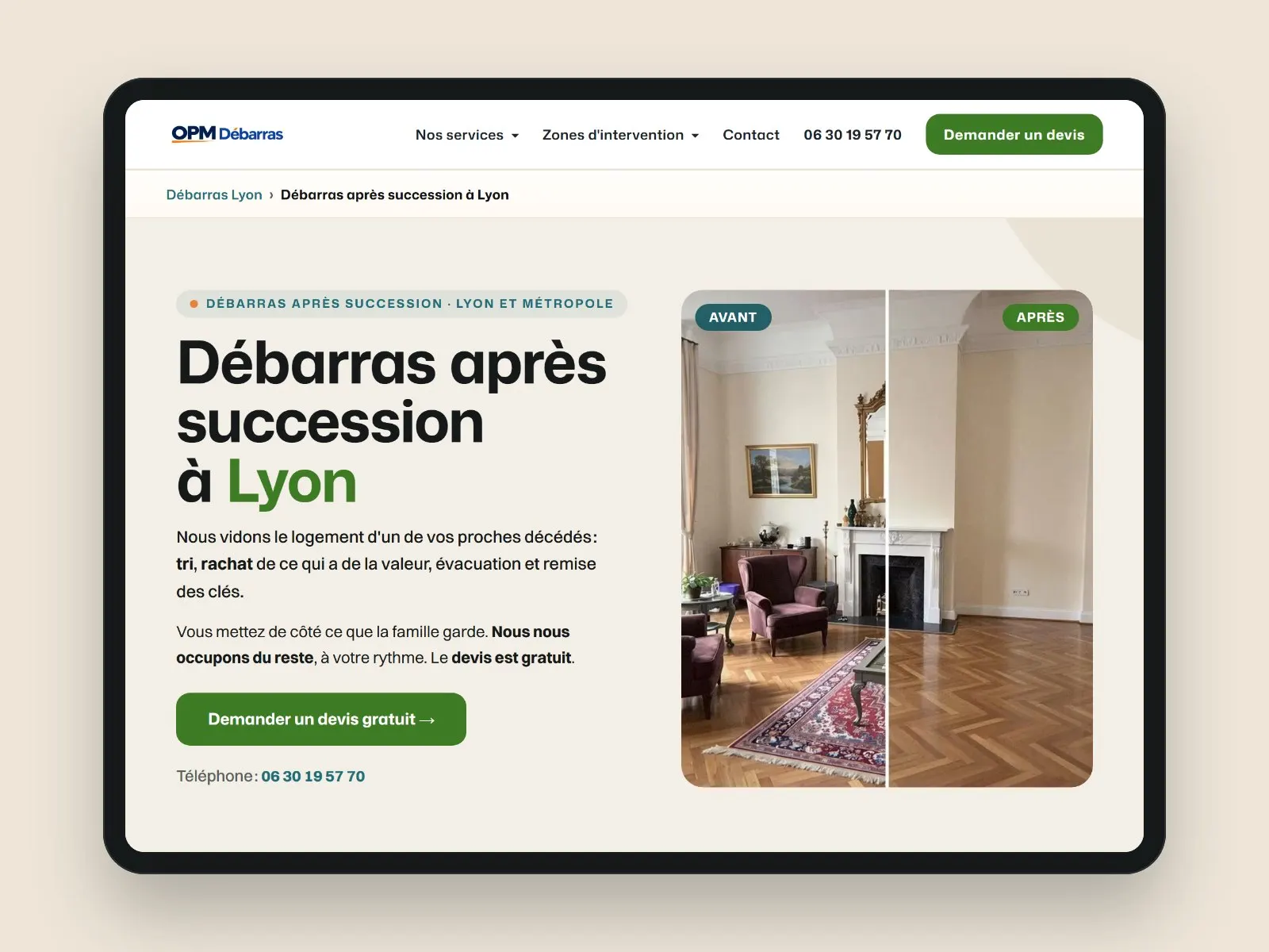 Une page du site d’OPM Débarras, entreprise de débarras à Lyon, sur une tablette