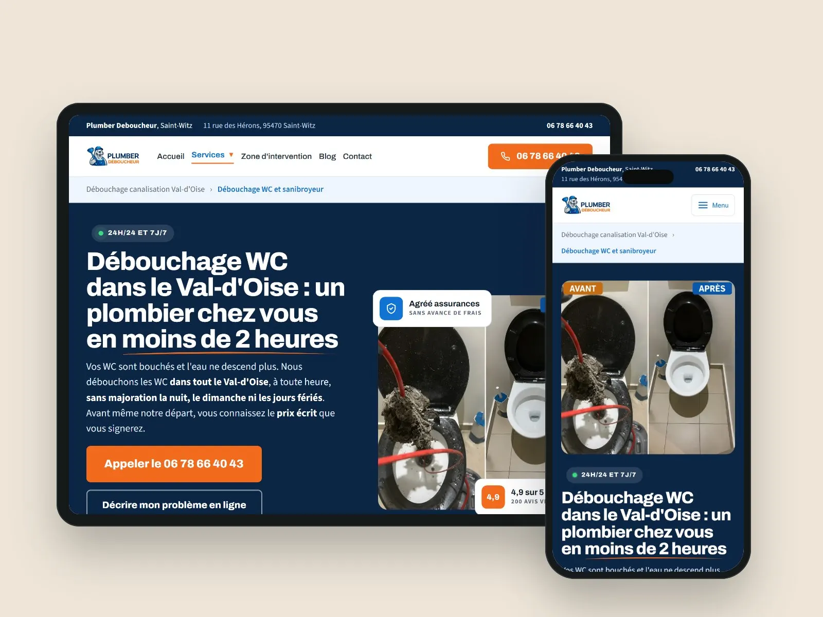 Page débouchage WC du site de Plumber Déboucheur, sur une tablette et un téléphone
