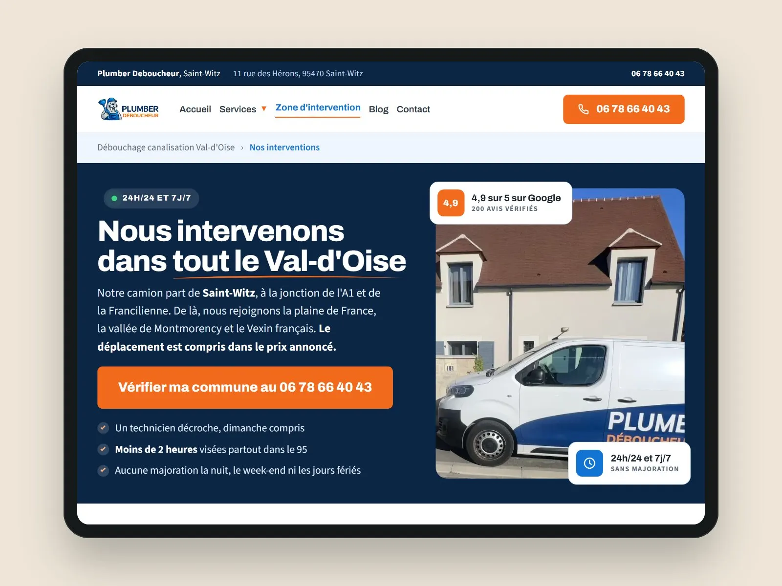 Page zone d’intervention du site de Plumber Déboucheur, sur une tablette